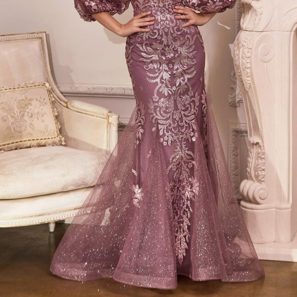 NEW VIOLET  COLOR MOTHER OF BRIDE EVENING MERMAID GLITTER PRINT GOWN CD009 - Picture 2 of 5